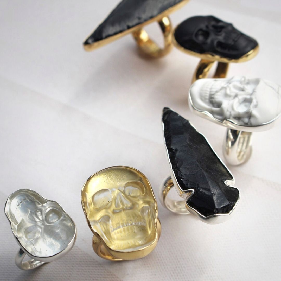 natural stone skull and arrow rings handmade