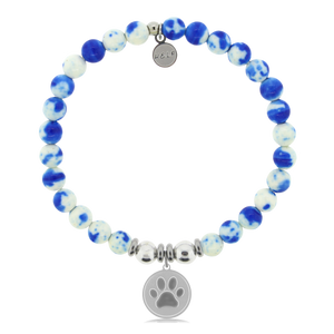 Blue Chip Animal Farm Fundraiser-Blue Aventurine or Blue/White Tie Dye Jade Gemstone Bracelet with Paw Sterling Silver Charm