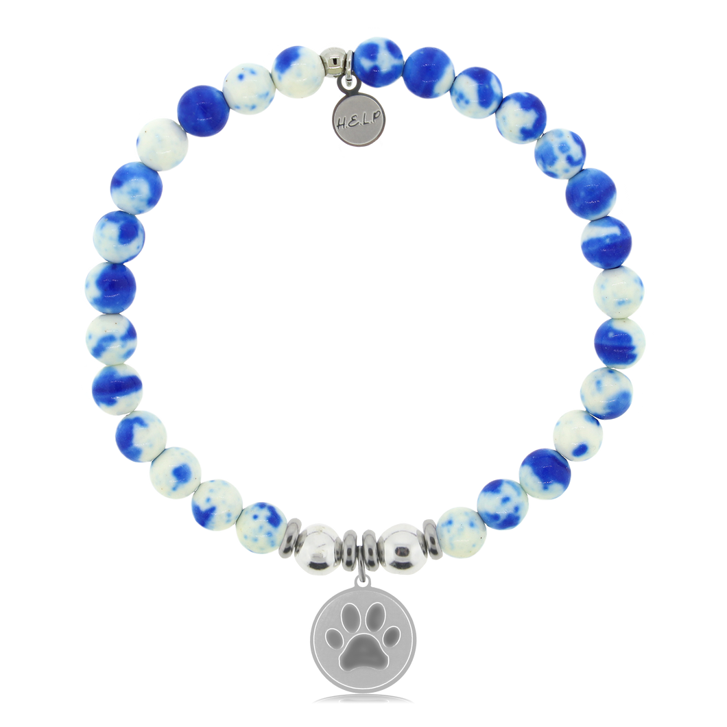 Blue Chip Animal Farm Fundraiser-Blue Aventurine or Blue/White Tie Dye Jade Gemstone Bracelet with Paw Sterling Silver Charm