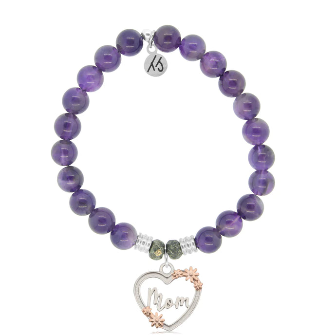 Amethyst Stone Bracelet with Heart Mom Sterling Silver Charm