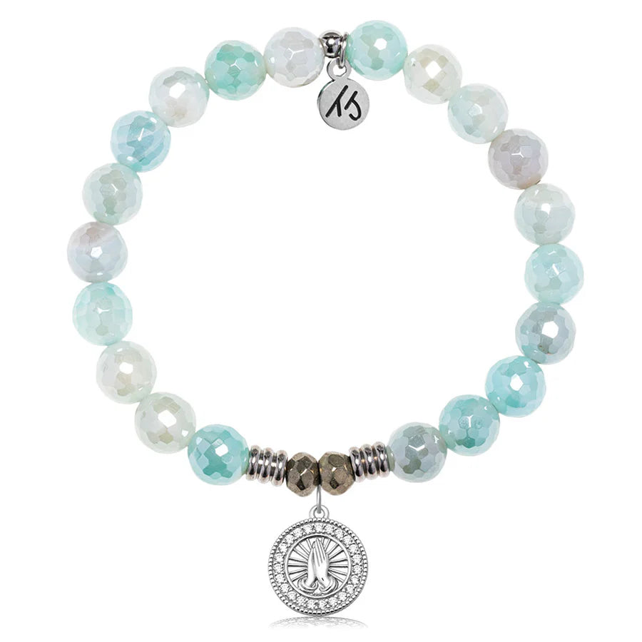 Aqua Agate Gemstone Bracelet with Prayers CZ Sterling Silver Charm