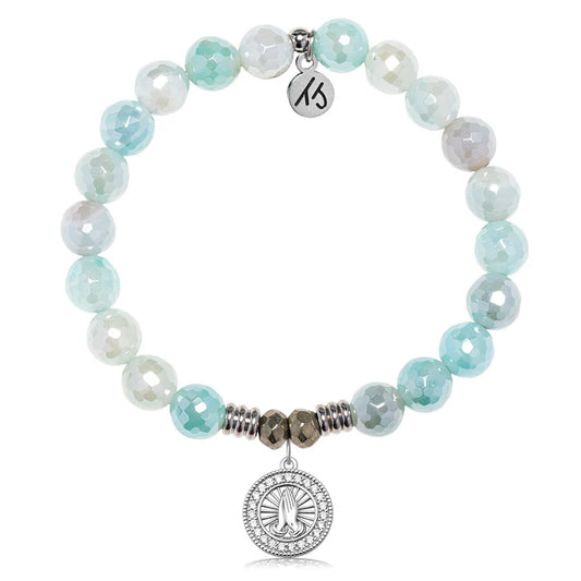 Aqua Agate Gemstone Bracelet with Prayers CZ Sterling Silver Charm