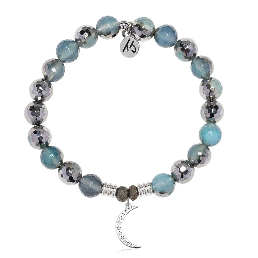 Blue Silver Agate Gemstone Bracelet with Friendship Moon Sterling Silver Charm