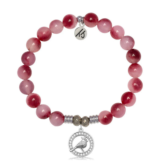 Cherry Jade Gemstone Bracelet with White Cardinal CZ Sterling Silver Charm