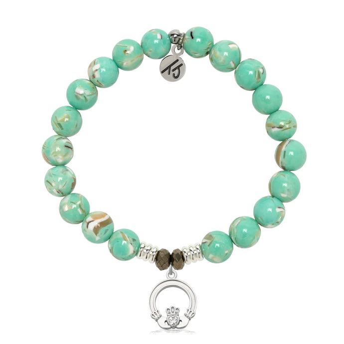 Light Green Shell Gemstone Bracelet with Claddagh Sterling Silver Charm