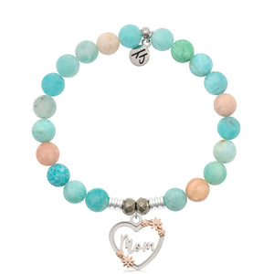 Multi Amazonite Stone Bracelet with Heart Mom Silver Charm