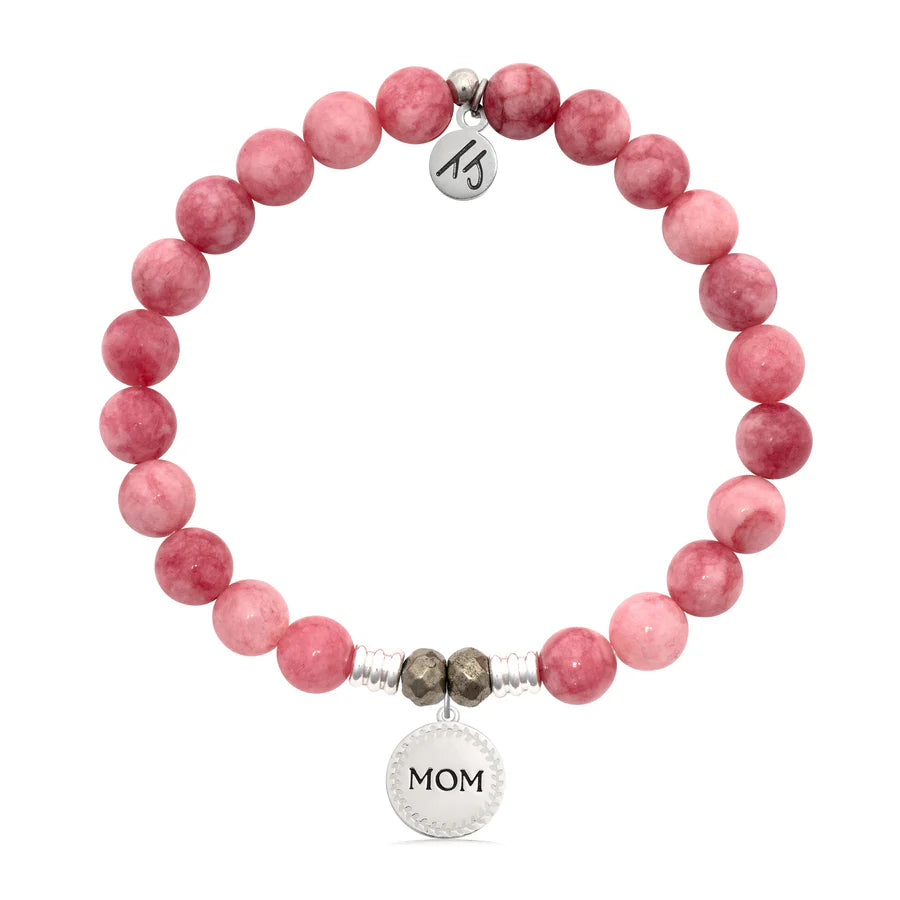 Pink Jade Gemstone Bracelet with Endless Love Mom Sterling Silver Charm