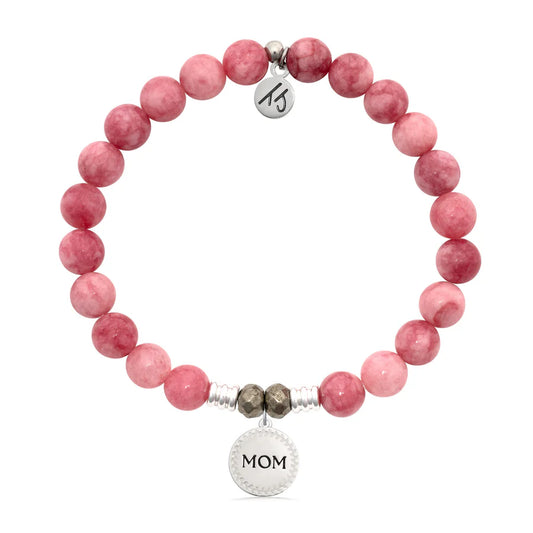 Pink Jade Gemstone Bracelet with Endless Love Mom Sterling Silver Charm