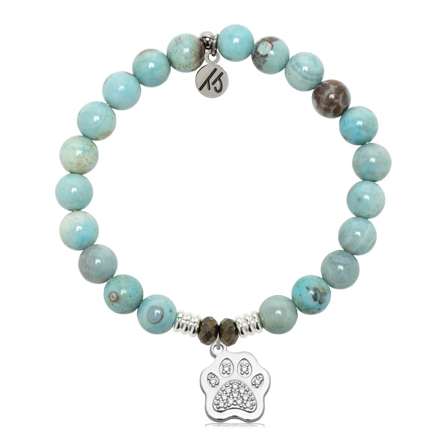 Robins Egg Agate Gemstone Bracelet with Paw CZ Sterling Silver Charm