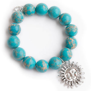 Aqua sediment jasper with silver sun medal