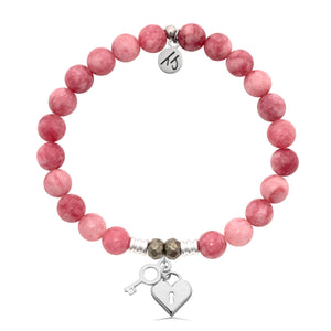 Pink Jade Stone Bracelet with Key to my Heart Sterling Silver Charm